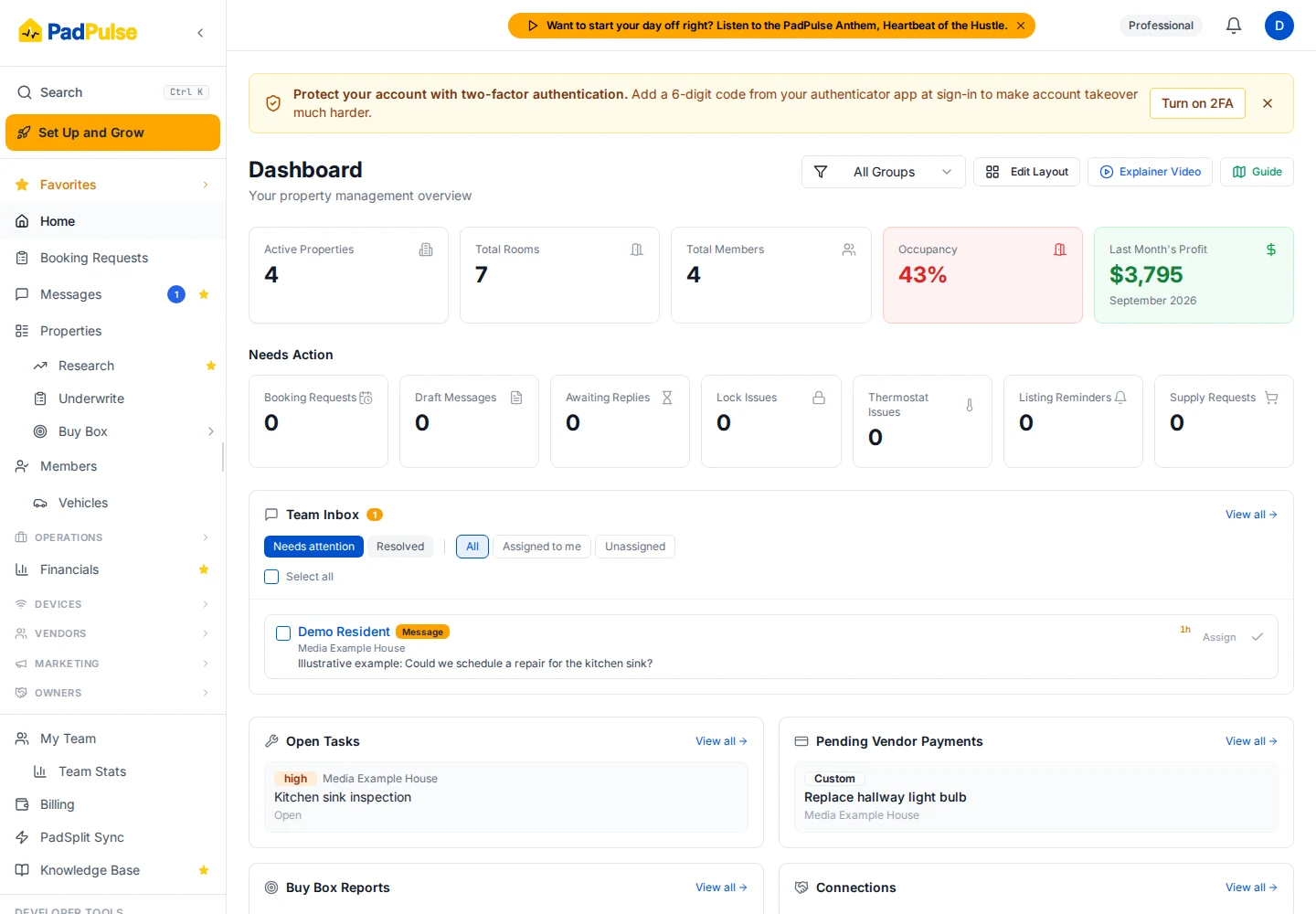 Portfolio dashboard workspace in PadPulse with anonymized, illustrative demo data